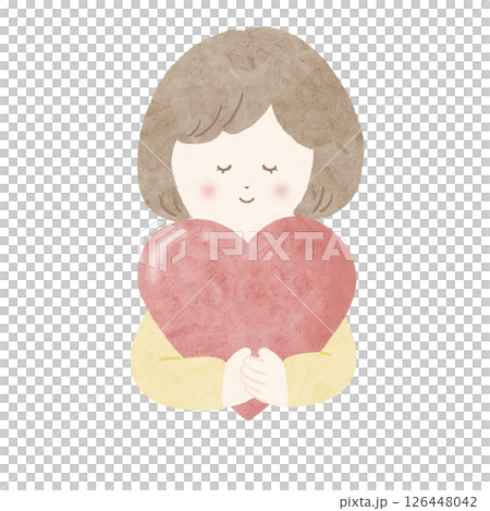 Girl holding a red heart, yellow, watercolor, no main line 126448042