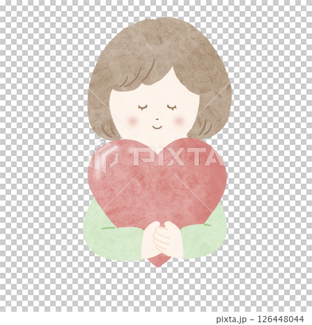 Girl holding a red heart, green, watercolor, no main lines 126448044