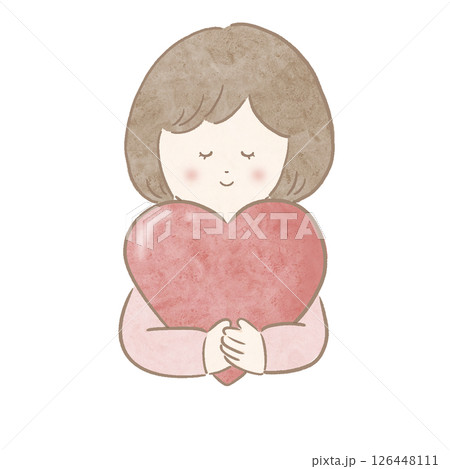 赤いハート 抱える女の子 ピンク 水彩 主線あり 126448111