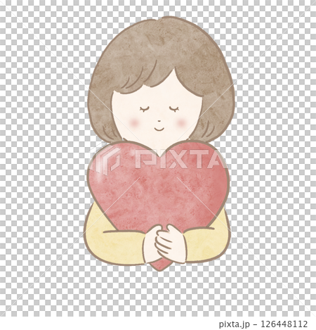 Girl holding a red heart, yellow, watercolor, with main lines 126448112