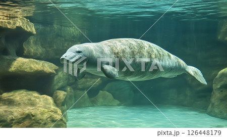 Underwater view of a West Indian manatee swimming near rocks in clear water 126448179