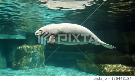 Graceful manatee swimming near water surface in a serene aquatic habitat 126448184