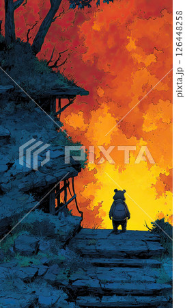 Bear backpack stone stair autumn sunset forest silhouette adventure peaceful 126448258