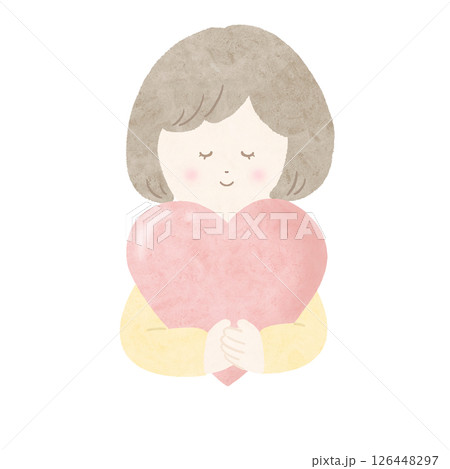 ピンクのハート 抱える 女の子 黄色 水彩 パステル 主線なし 126448297