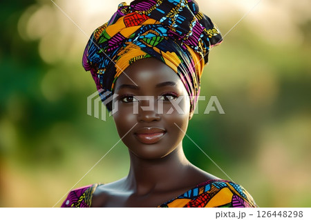 Beautiful woman in gel headdress, natural green background, Pan-Africanism, Africa Day, Youth Day 126448298