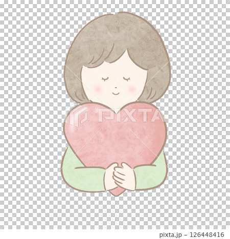 Girl holding pink heart, green, watercolor, pastel, with main lines 126448416