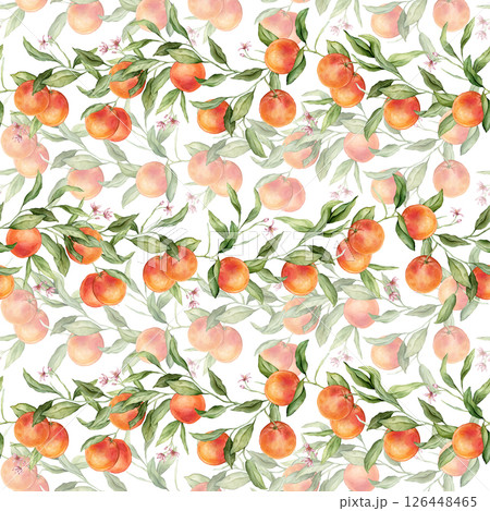 Seamless pattern with watercolor illustration of grapefruit with pink flowers. Hand painted print with grapefruit branche with green leaves on isolated. Citrus food for wrapping paper, textile design Seamless pattern with watercolor illustration of grapefruit with pink flowers. Hand painted print with grapefruit branche with green leaves on isolated. Citrus food for wrapping paper, textile design 126448465