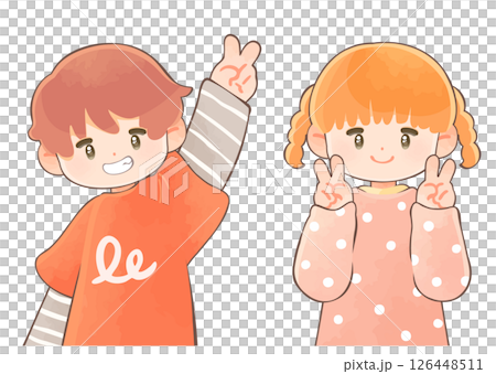 孩子做出和平手勢：男孩和女孩 126448511