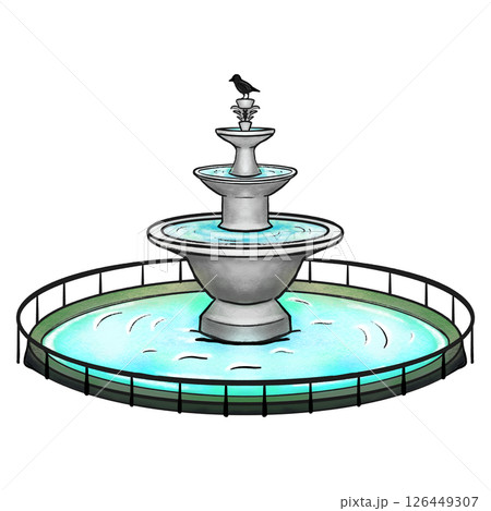 Park multi-tiered fountain with a bird standing on the top color illustration Park multi-tiered fountain with a bird standing on the top color illustration 126449307