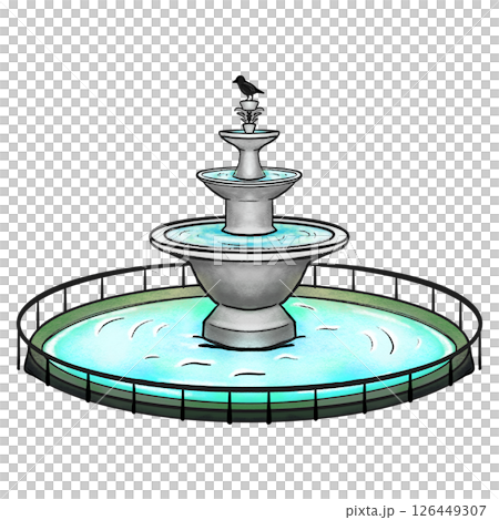 Park multi-tiered fountain with a bird standing on the top color illustration Park multi-tiered fountain with a bird standing on the top color illustration 126449307