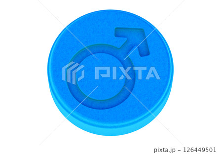 Blue Pill with Male Gender Symbol. Male health, potency, testosterone, or erectile dysfunction treatment. 3D rendering 126449501