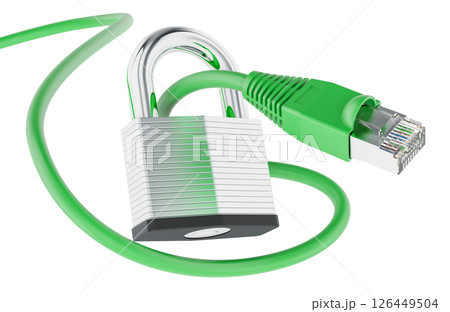 Ethernet LAN Cable Locked with Padlock. Network Security Concept. 3D rendering 126449504