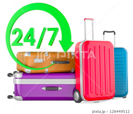 Luggage storage 24-7, concept. Stack of suitcases with 24 hours a day logo. 3D rendering 126449512