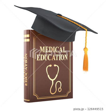 Medical Education Book with Graduation Cap, 3D rendering 126449515