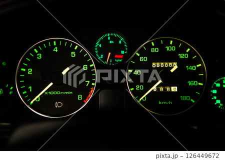 88888kmのオドメーターと888.8kmのトリップメーター(夜間照明) 88888kmのオドメーターと888.8kmのトリップメーター(夜間照明) 126449672