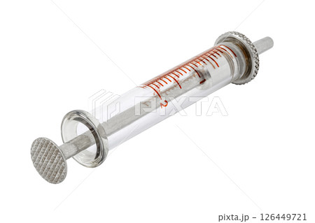 old glass syringe with metal piston, isolated on white with clipping path old glass syringe with metal piston, isolated on white with clipping path 126449721