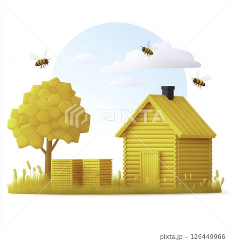 Vibrant Honey Bee Habitat with Yellow House and Bee Hive in Bright Sunny Day 126449966
