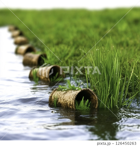 Waterlogged Soil with Rusty Pipes Emerging from Lush Green Grass in Nature Scene 126450263