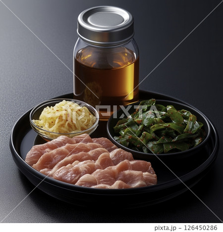 Fresh Slices of Meat with Herbs, Oil and Side Dish in Elegant Black Plate Setting Fresh Slices of Meat with Herbs, Oil and Side Dish in Elegant Black Plate Setting 126450286