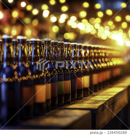 Colorful Beverage Bottles in a Row with Blurred Lights and Warm Ambiance 126450289