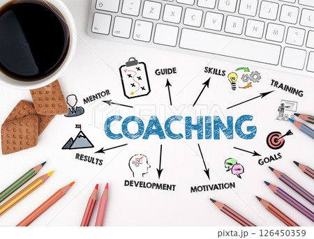 COACHING Concept. Chart with keywords and icons. White office desk COACHING Concept. Chart with keywords and icons. White office desk 126450359