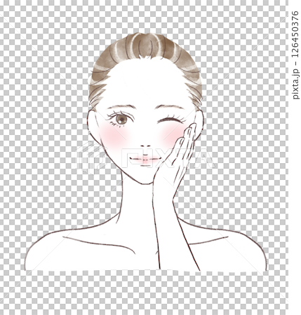 片手を赤らめた頬に当てウィンクで微笑む水彩風女性イラスト 126450376