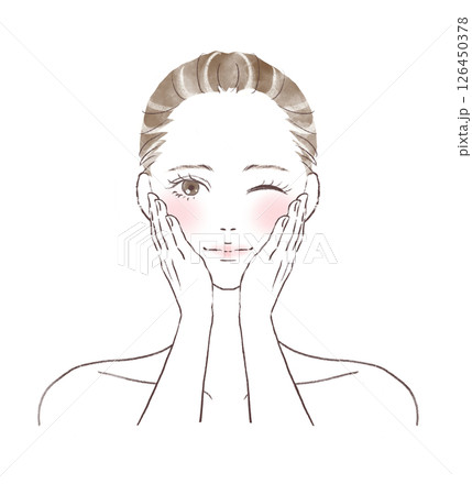 両手を赤らめた頬に当てウィンクで微笑む水彩風女性イラスト 両手を赤らめた頬に当てウィンクで微笑む水彩風女性イラスト 126450378