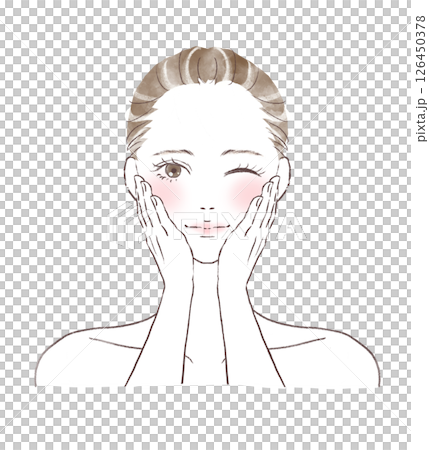 水彩畫中，一位女士眨眨眼睛微笑，雙手放在紅潤的臉頰上 126450378