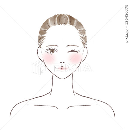ウィンクで微笑み頬がピンクの女性水彩イラスト 126450379