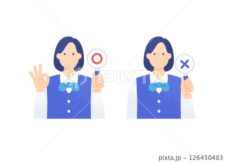 ホテルのフロントやコンシェルジュ マルとバツの札を掲げる制服を着た女性のベクターイラスト素材 ホテルのフロントやコンシェルジュ マルとバツの札を掲げる制服を着た女性のベクターイラスト素材 126450483