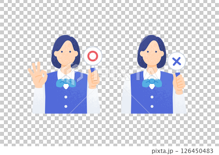 ホテルのフロントやコンシェルジュ マルとバツの札を掲げる制服を着た女性のベクターイラスト素材 ホテルのフロントやコンシェルジュ マルとバツの札を掲げる制服を着た女性のベクターイラスト素材 126450483