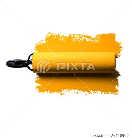 Bright Yellow Paint Roller on Freshly Applied Yellow Paint Stroke on Surface 126450906