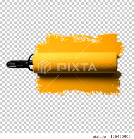 Bright Yellow Paint Roller on Freshly Applied Yellow Paint Stroke on Surface 126450906