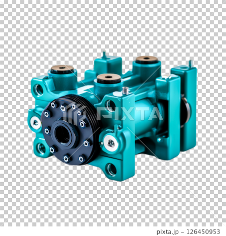 Detailed Close-Up of Blue and Black Hydraulic Pump for Industrial Applications 126450953