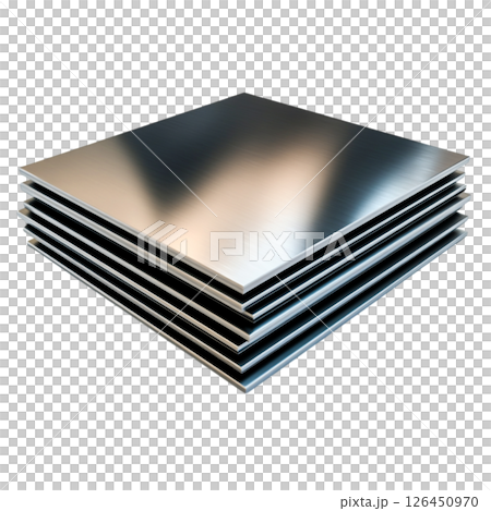 Stacked Metallic Sheets Displaying Smooth Texture and Reflective Surface Finish 126450970