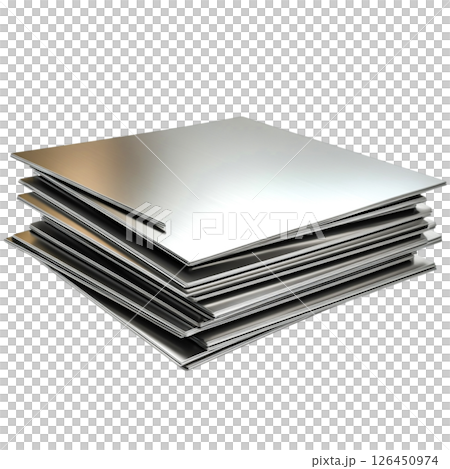 Stack of shiny metal sheets with reflective surface in studio setting for industrial use Stack of shiny metal sheets with reflective surface in studio setting for industrial use 126450974
