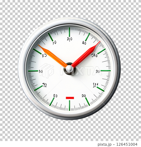 Classic Analog Gauge with Red and Orange Hands Indicating Measurement Levels 126451004