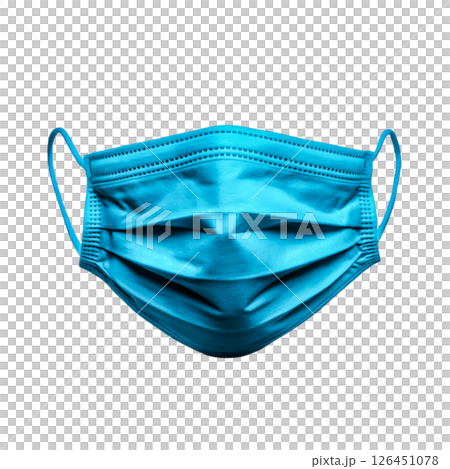 Close-Up View of a Blue Disposable Face Mask on a Black Background 126451078