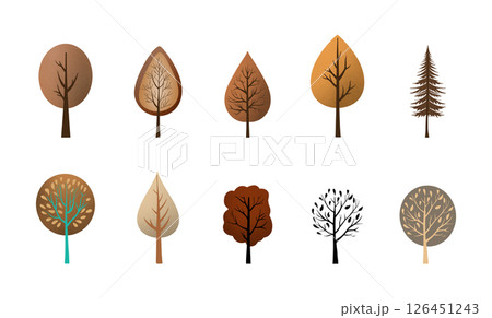 set of autumn leaves, Set of stylized autumn trees in various shapes and warm brown tones Ideal for seasonal designs, eco themes, and graphic projects, tree drawing 126451243