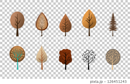 set of autumn leaves, Set of stylized autumn trees in various shapes and warm brown tones Ideal for seasonal designs, eco themes, and graphic projects, tree drawing 126451243
