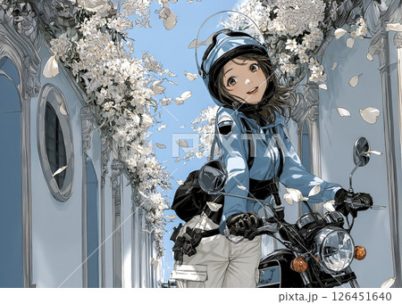 クルーザーバイクで街中のサクラを見に来た女性ライダーのイラスト素材 126451640