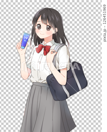 A female student in summer clothes holding sunscreen 126451969