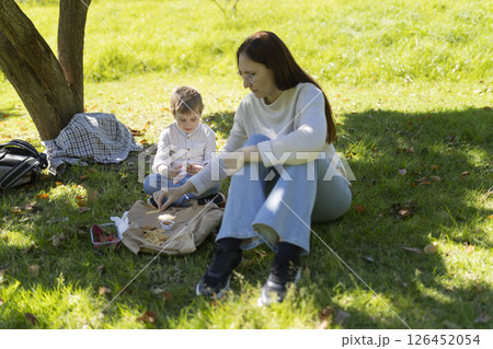 Mother and son enjoying a sunny picnic in the park Mother and son enjoying a sunny picnic in the park 126452054