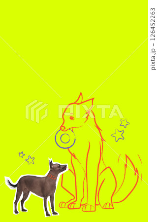 Purebred dog stands in front of sketched canine holding ring toy on vibrant yellow backdrop. Bold colorful poster with hand made drawing. 126452263