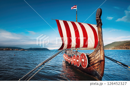 Generative AI Viking ship sails up River Generative AI Viking ship sails up River 126452327