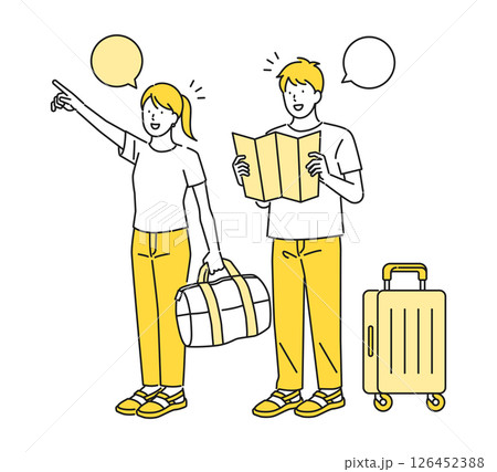 イラスト素材【旅行シーン】：旅行に行く若いカップル / 夫婦 126452388