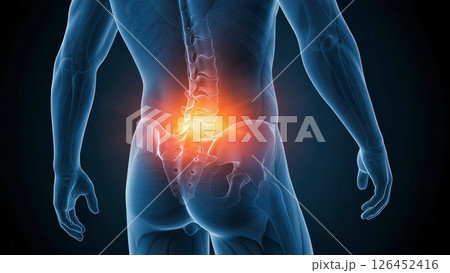 男性の、腰骨の痛みや筋肉の緊張を表現した医学的イラスト。人体の筋肉構造を示し、炎症や負傷を強調 126452416