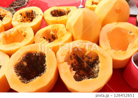 papaya cut peace with seed on shop 126452651