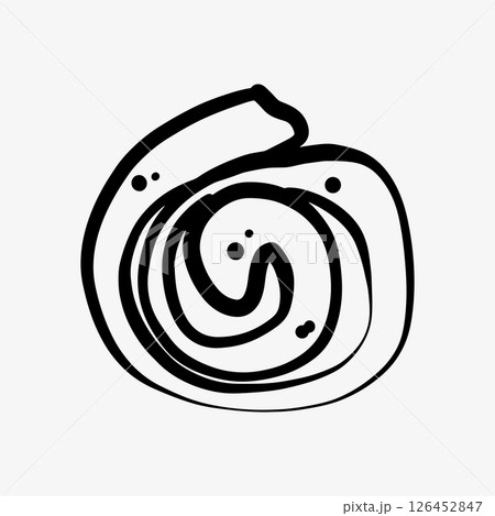 Hand-drawn doodle sketch of a round bun, called a snail, topped with raisins and glaze.  126452847