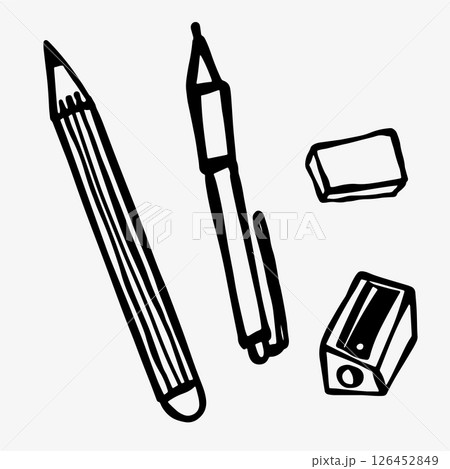 Hand-drawn doodle sketch of a pencil, pen, sharpener, and grater.  126452849